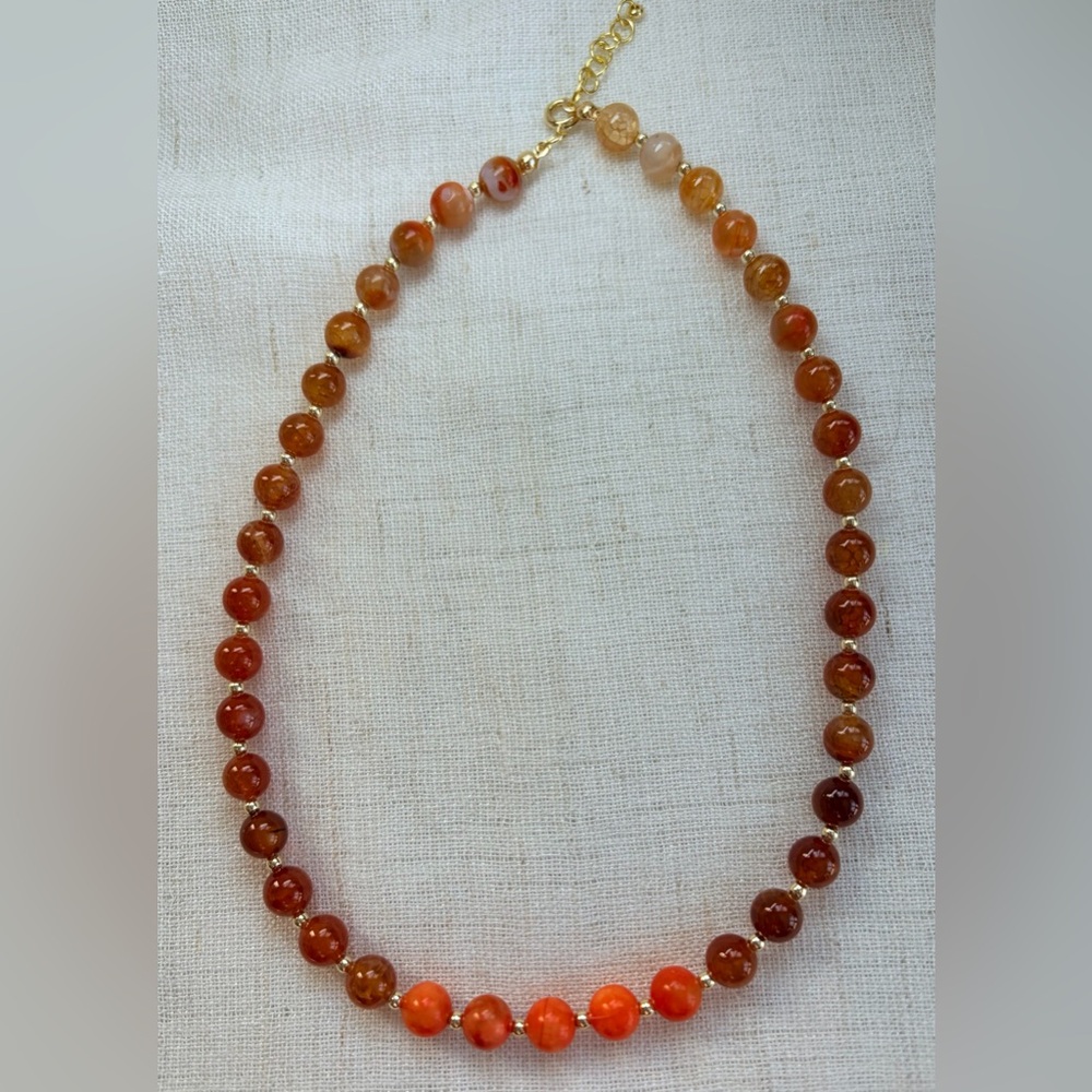 Fire orange Agate Necklace,gold plated beads.Healing,positive energy.17”